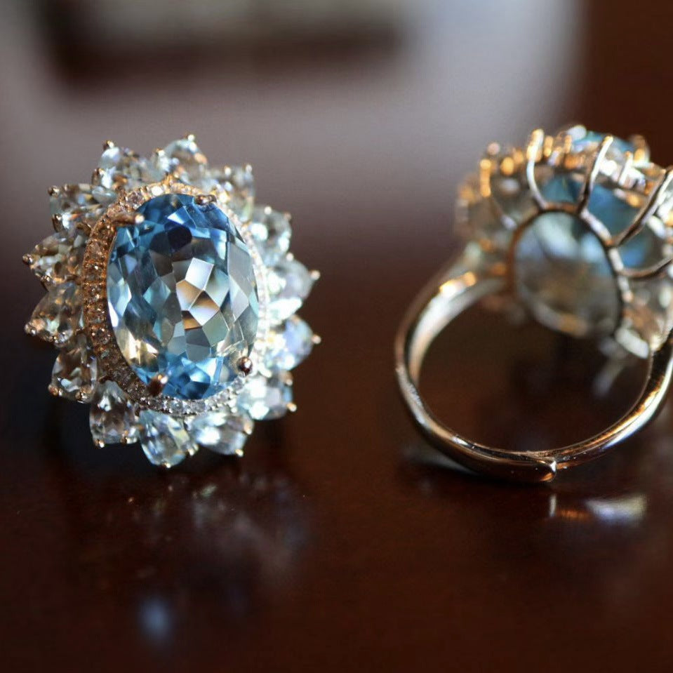 S925 Sterling Silver Full Craft Inlaid with Aquamarine Natural Topaz Ring