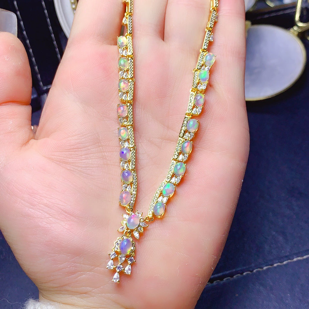 S925 Sterling Silver Inlaid Natural 4*5mm Opal Luxury Necklace