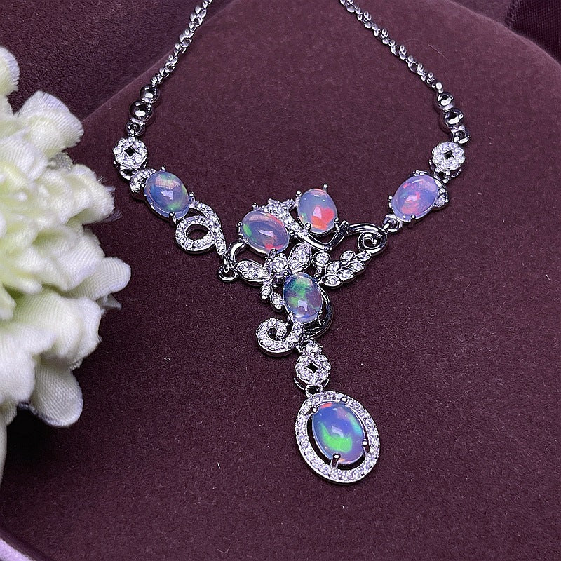Australian Iridescent Opal Chain 925 Silver Inlaid with Dazzling Natural Fire Opal Collarbone Chain