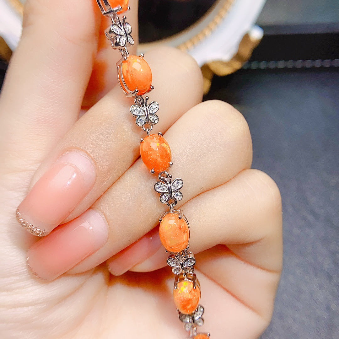 S925 Silver Inlaid Main Stone 6*8 Natural Fire Opal Bracelet