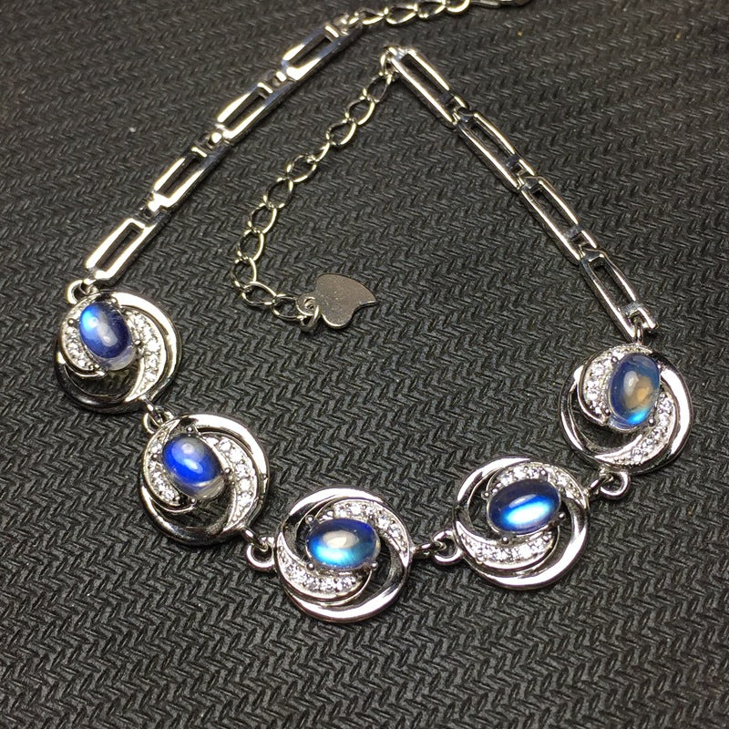 Natural Blue Moonstone Bracelet 925 Sterling Silver Inlaid Craft Glass Blue Moonstone
