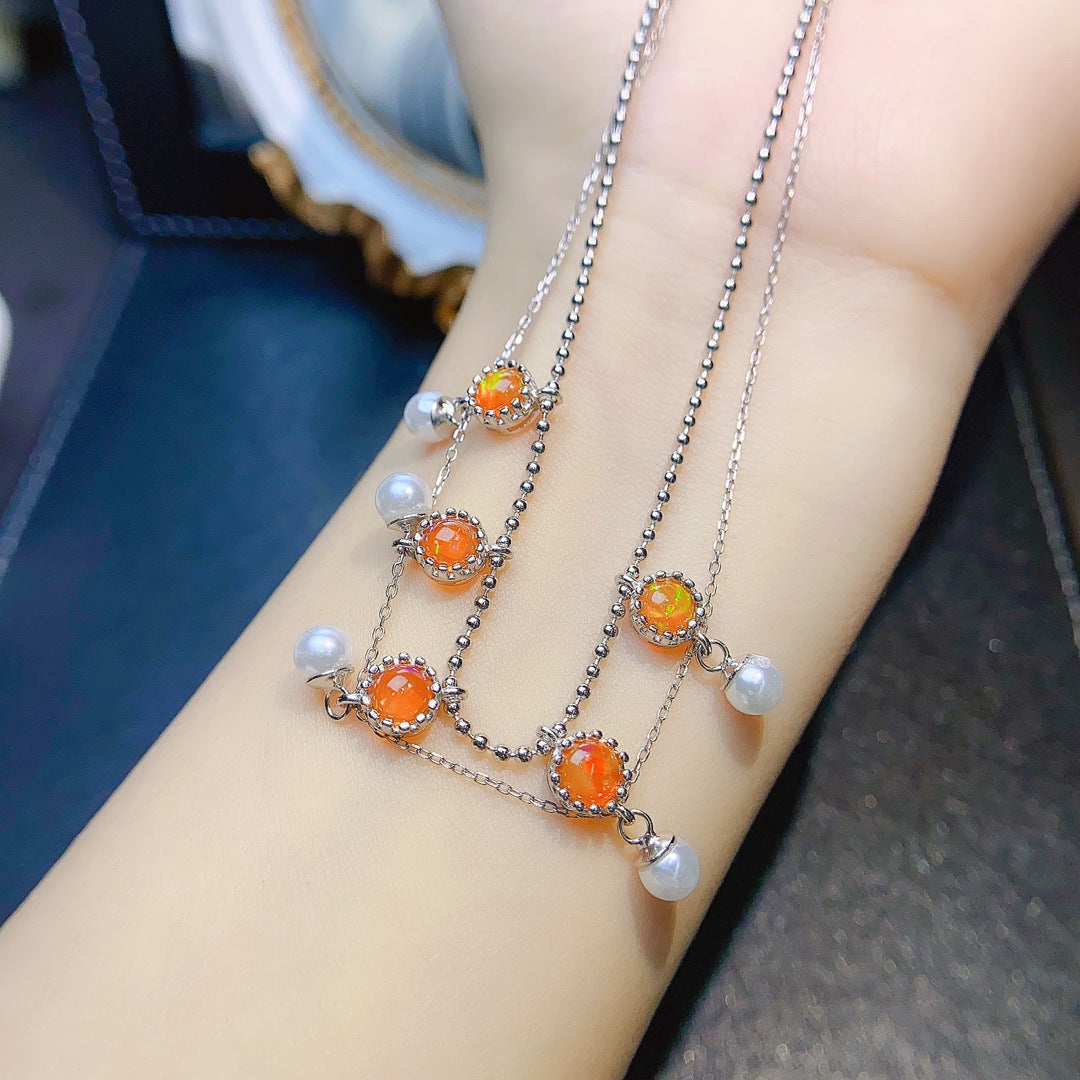S925 Silver Inlaid Main Stone Natural Fire Opal 5*5 Necklace