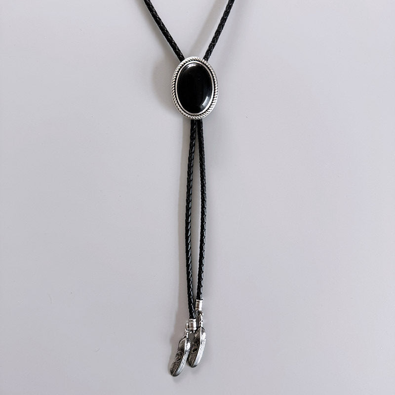 <Obsidian> Original S999 Sterling Silver Inlaid Natural Obsidian Bolo Tie