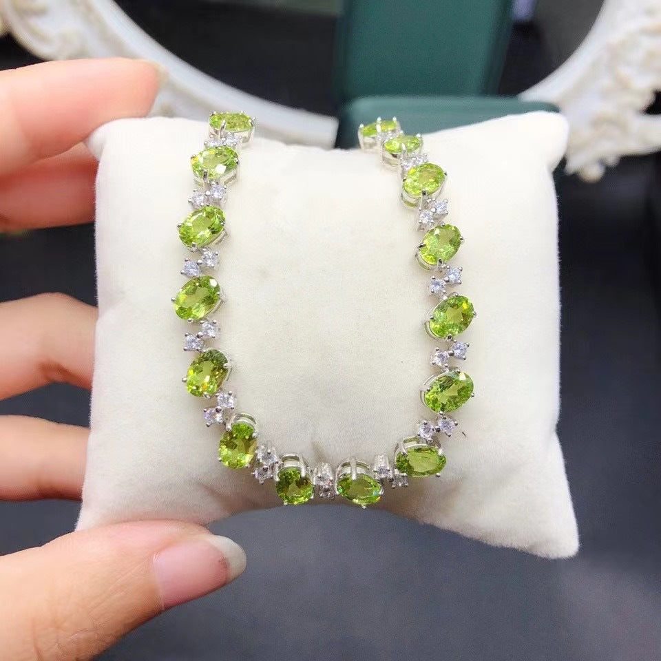 S925 Silver Inlaid Natural Peridot Oval 5*7 Size Bracelet