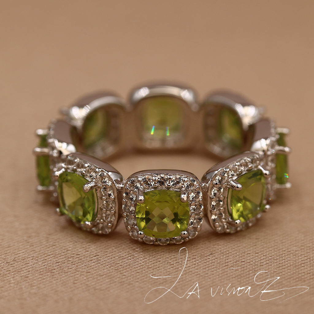925 Silver Inlaid Natural Peridot Synthetic White Sapphire Ring