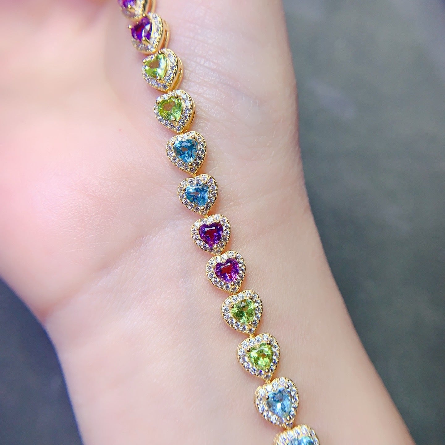 925 Silver Fine Craft Inlaid 4*4mm Natural Swiss Blue Topaz Olive Amethyst Bracelet