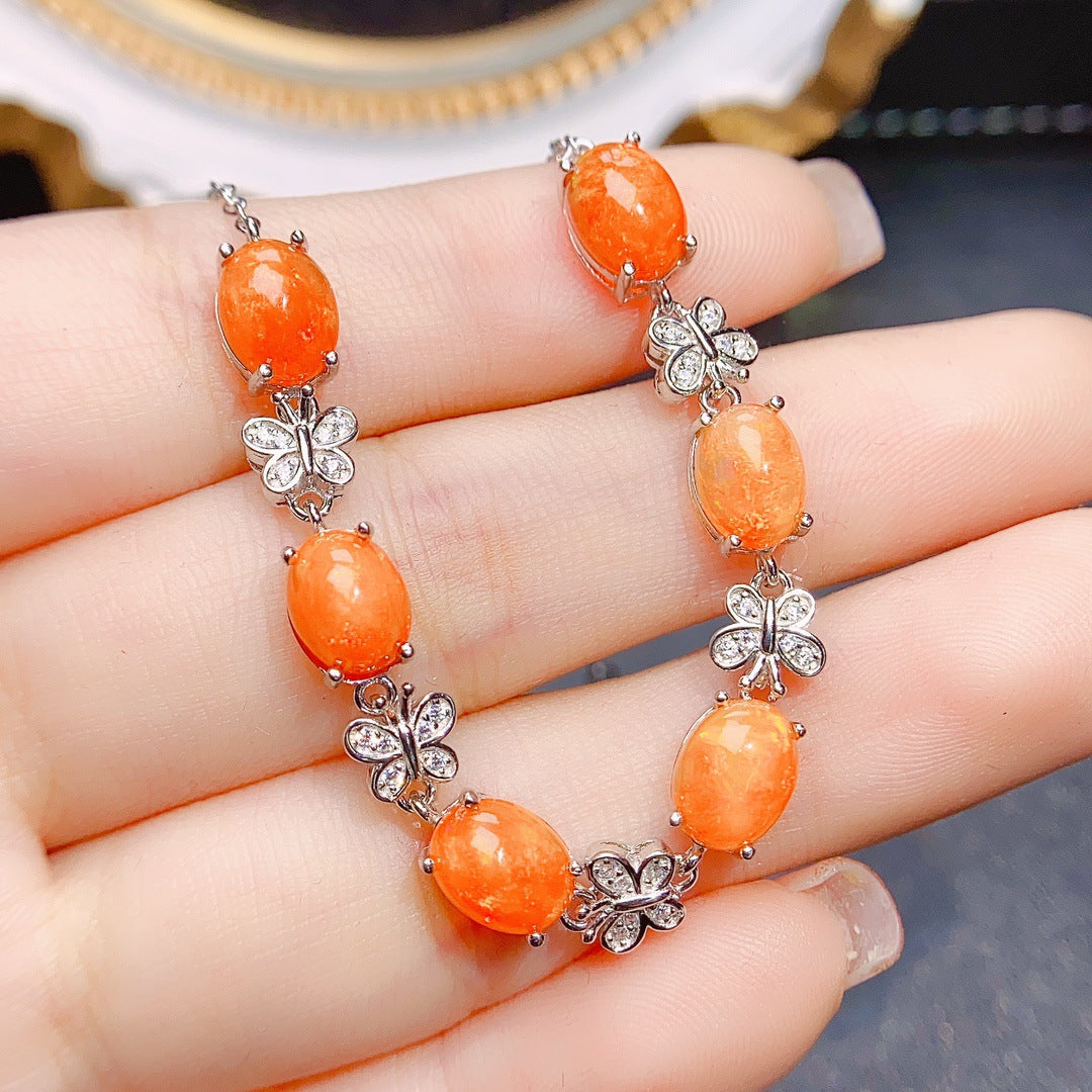 S925 Silver Inlaid Main Stone 6*8 Natural Fire Opal Bracelet