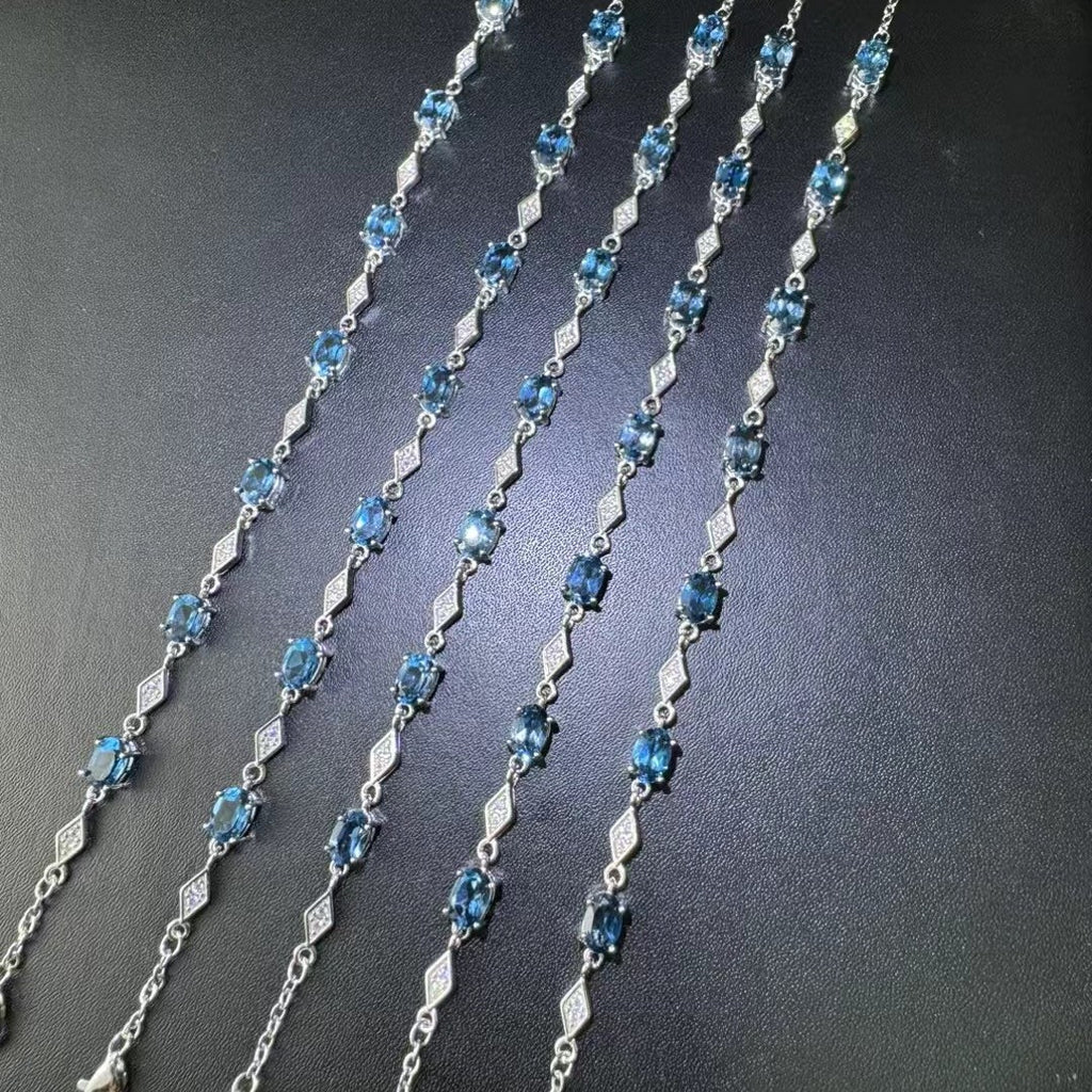 925 Silver Inlaid Main Stone 4*6mm Blue Topaz Bracelet