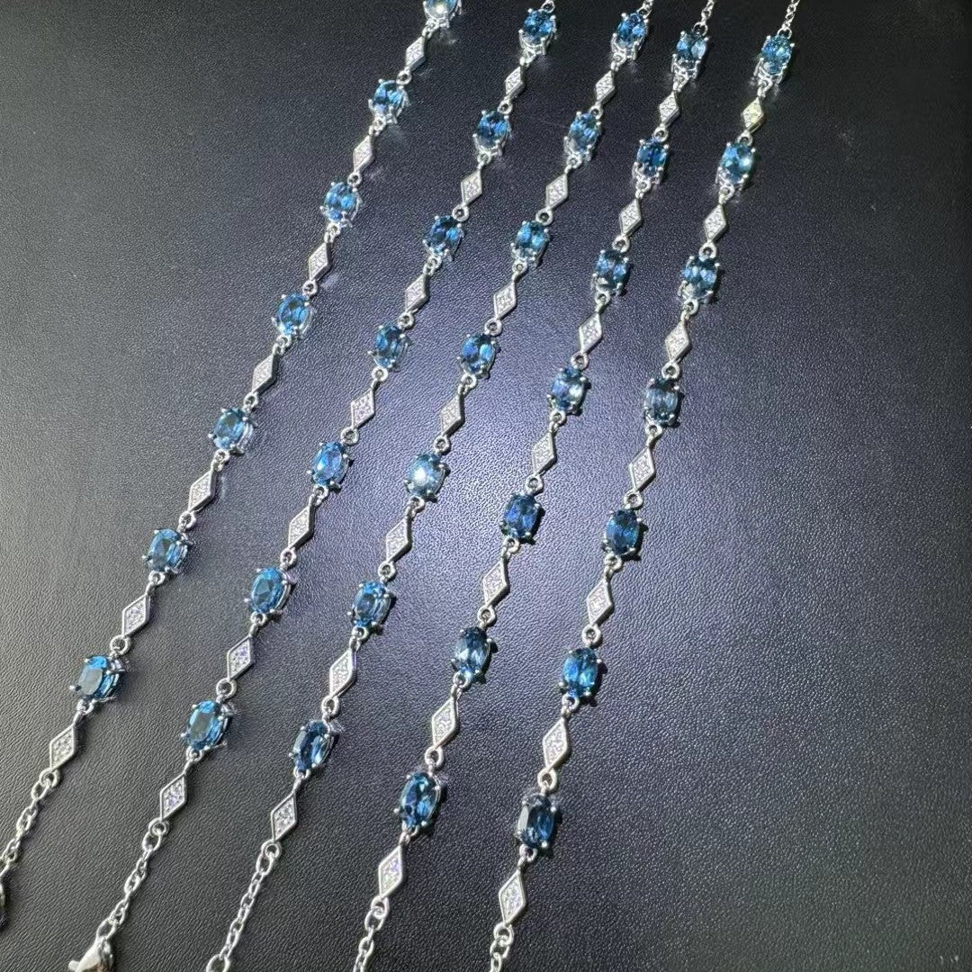 925 Silver Inlaid Main Stone 4*6mm Blue Topaz Bracelet