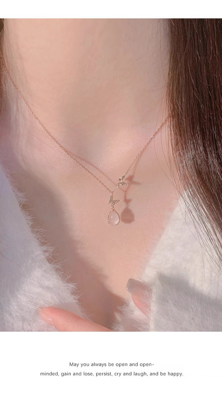 Light Luxury Daytime Collection Pink Crystal Pendant Sterling Silver Butterfly Necklace for Women Attracting Love Clavicle Chain