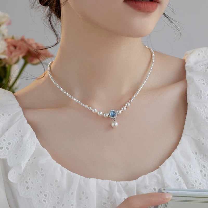Natural Australian White Jellyfish Shell Pearl Necklace for Women with Aquamarine Gradient Elegant Collarbone Chain