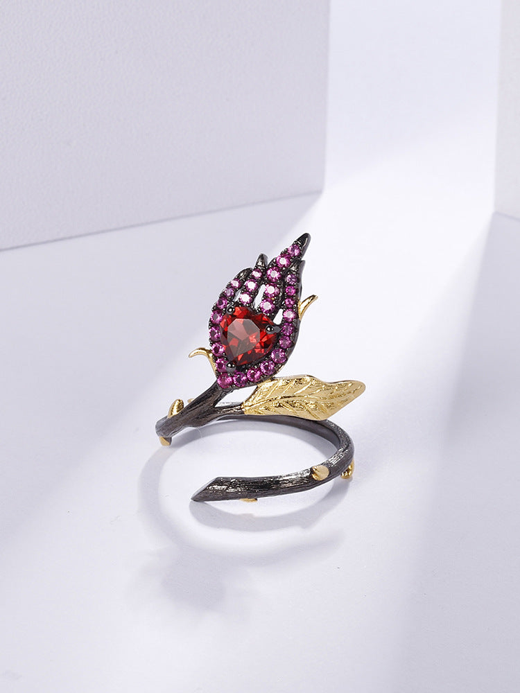 Elegant Floral Style 925 Silver Red Garnet Open Ring
