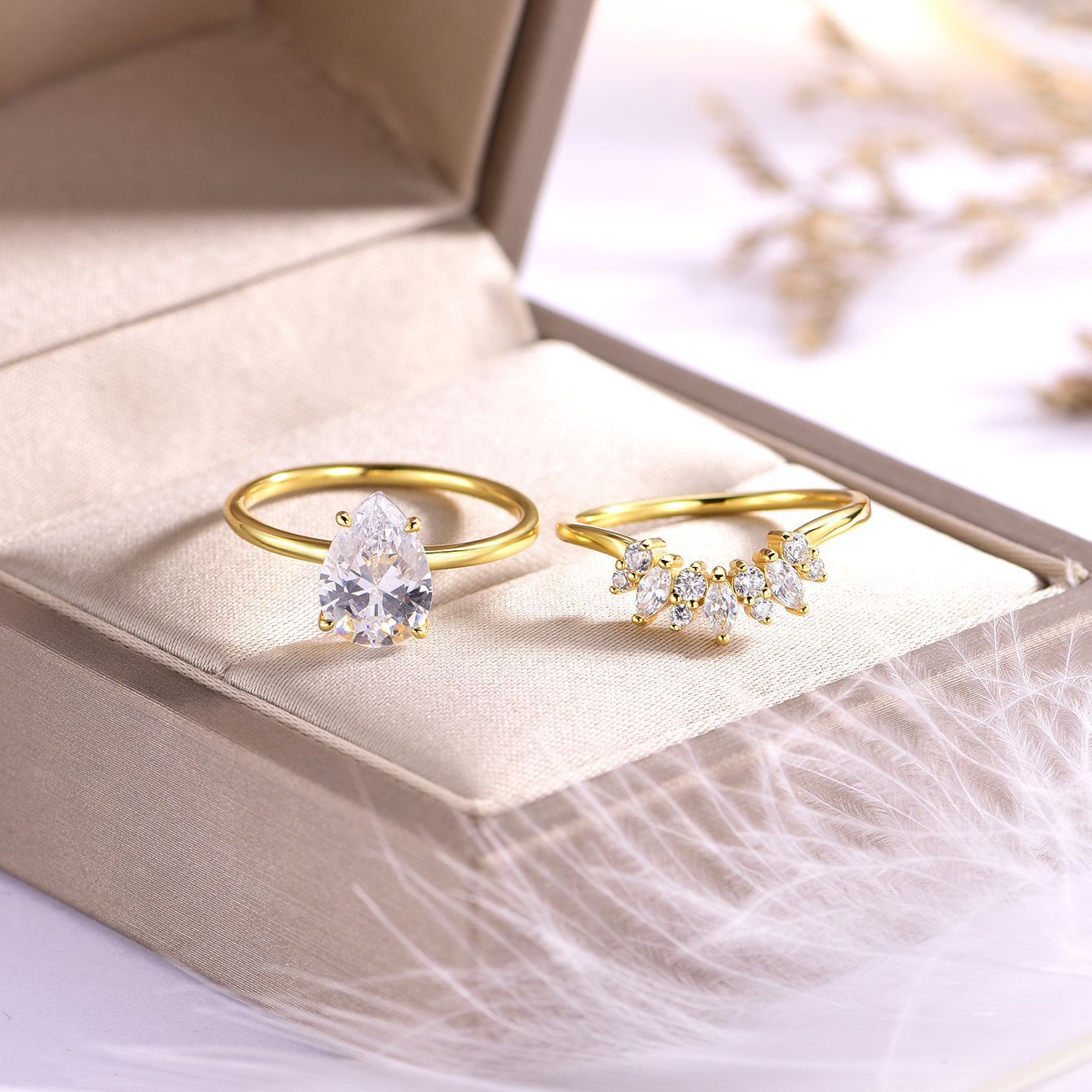 S925 Silver Combination Two-Piece Set Water Drop Shape Moissanite Ring Stripe Stacking Ring Set Ring Amazon Hot