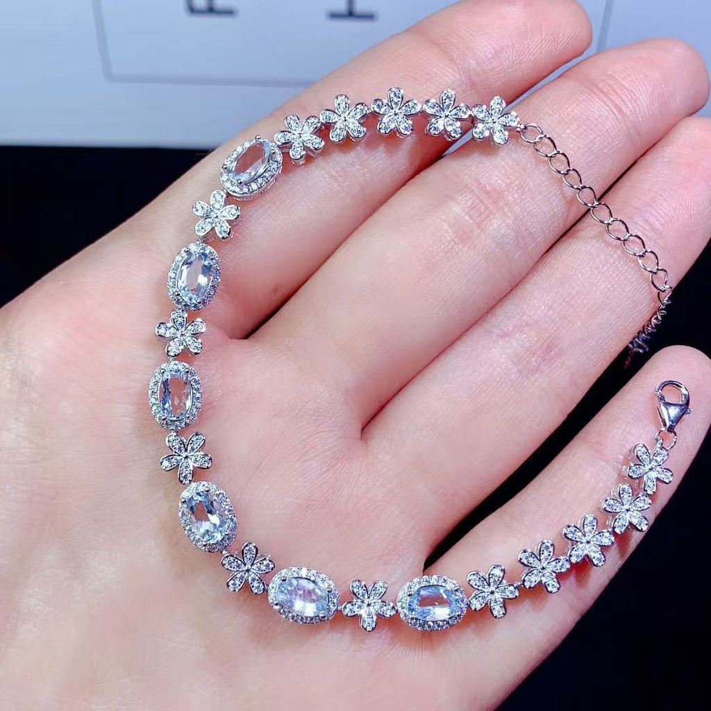 925 Sterling Silver Inlaid Flower Exquisite Niche Design Colorful Gemstone Natural Aquamarine Bracelet