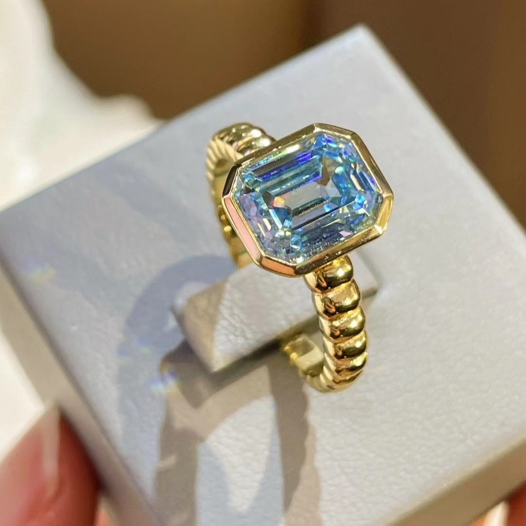 925 Silver Gold Plated High Carbon Diamond Asscher Aquamarine T Square Ring