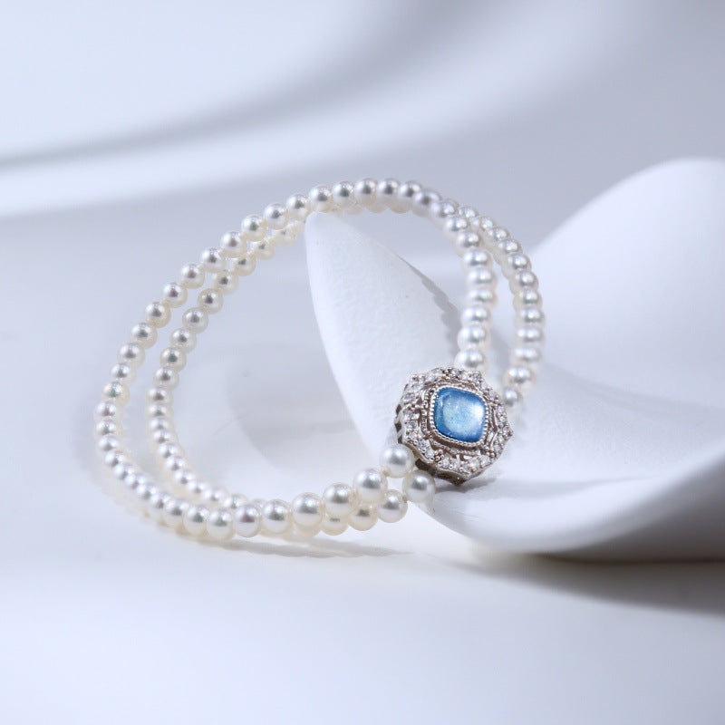 Pearl Double Layer Stacked Natural Freshwater Pearl Aquamarine Bracelet