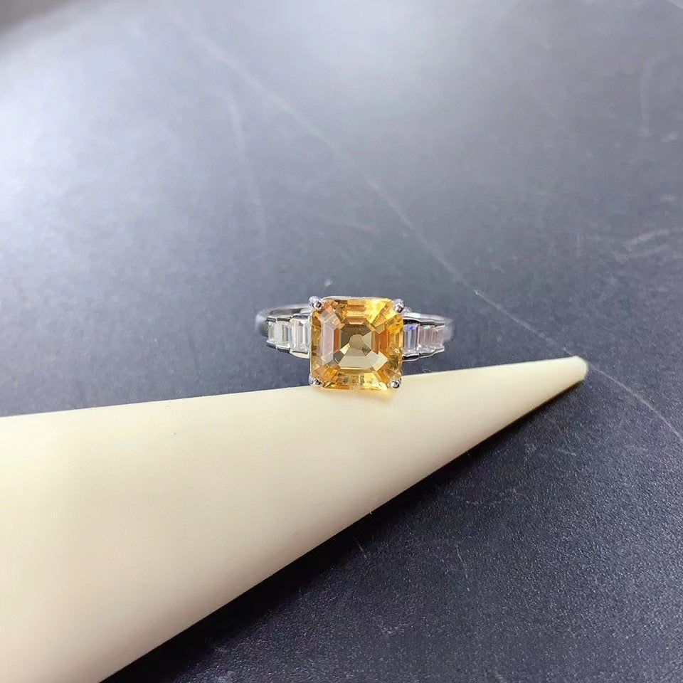 S925 Sterling Silver Jewelry Simple and Elegant Natural Yellow Crystal Princess Cut Ring