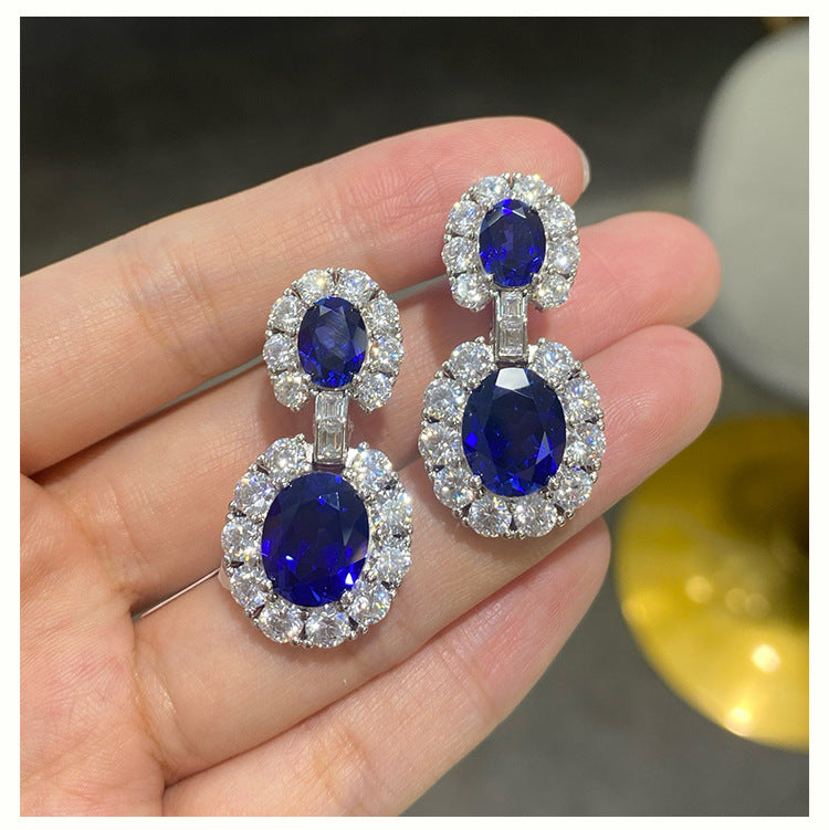 French Retro Style S925 Sterling Silver Cultivated Sapphire Oval 5 Carat Earrings