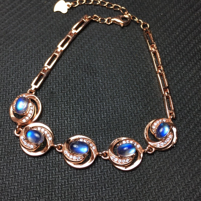 Natural Blue Moonstone Bracelet 925 Sterling Silver Inlaid Craft Glass Blue Moonstone