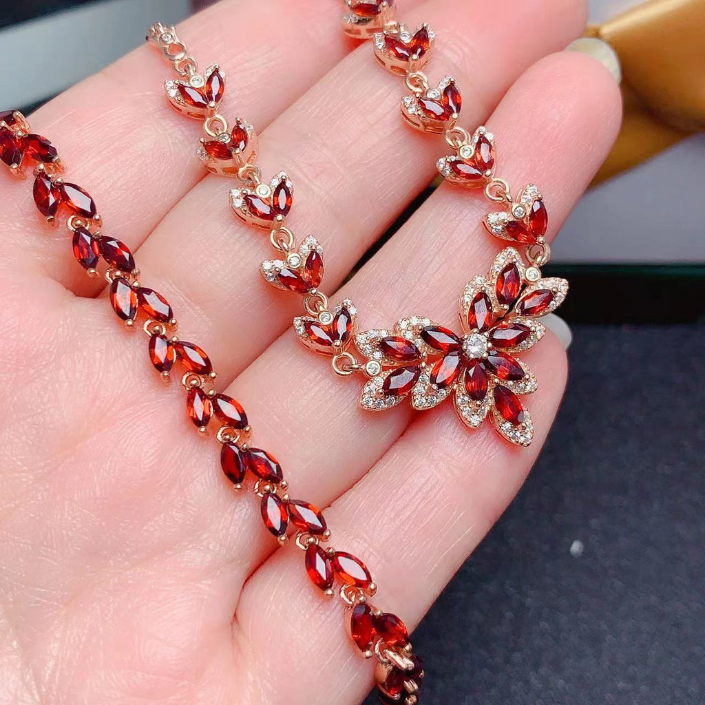 Caibao Jewelry 925 Silver Inlaid Natural Garnet Bracelet Necklace