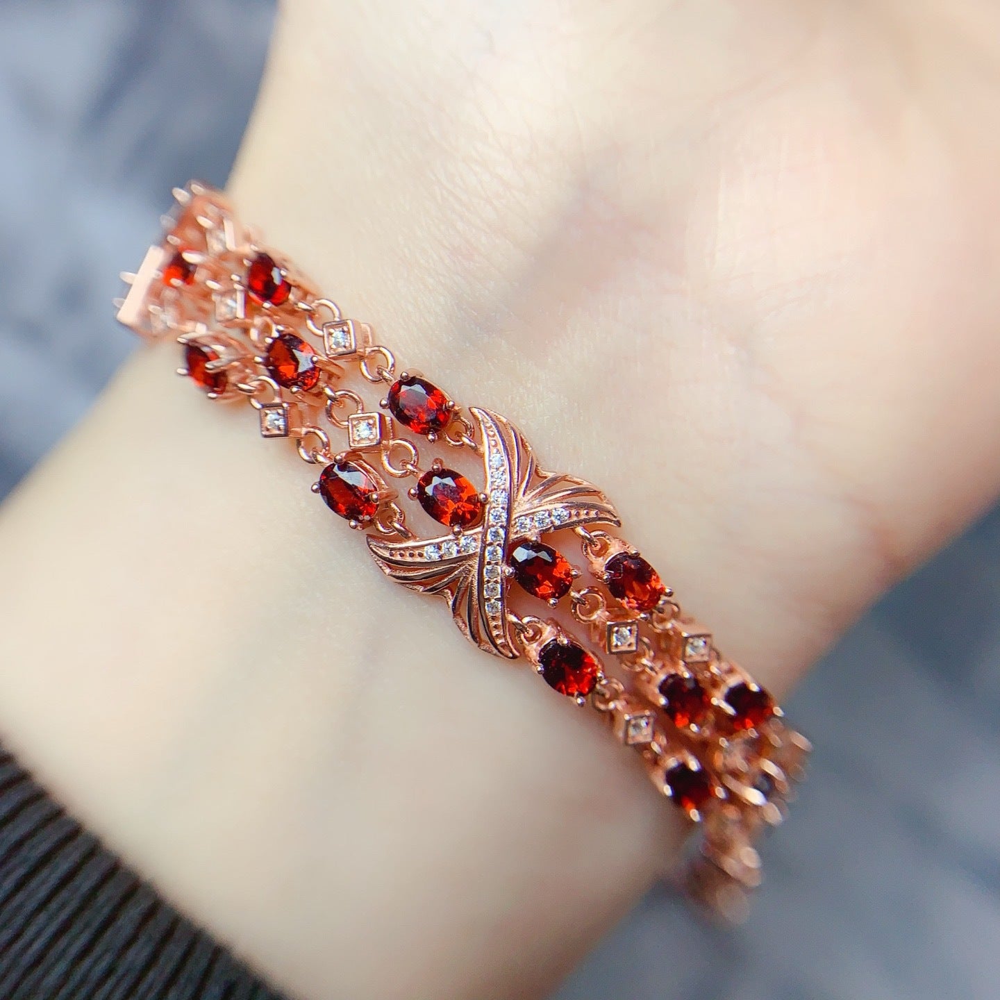 S925 Silver Fine Craft Inlaid 3*4mm Natural Garnet Bracelet