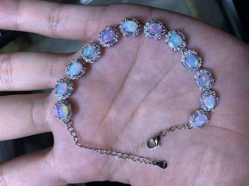 S925 Sterling Silver Inlaid Size 4*6mm Natural Opal Bracelet