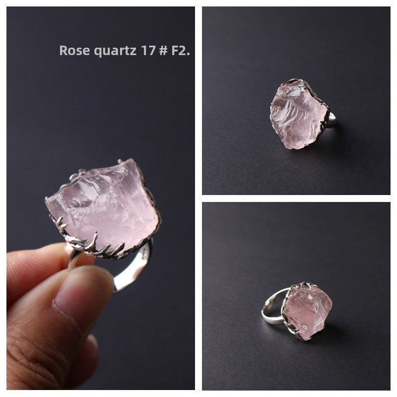 Original Design Ring Pure Silver Handmade Encrusted Natural Raw Mineral Amethyst Rose Quartz Phosphorite Aquamarine Ring