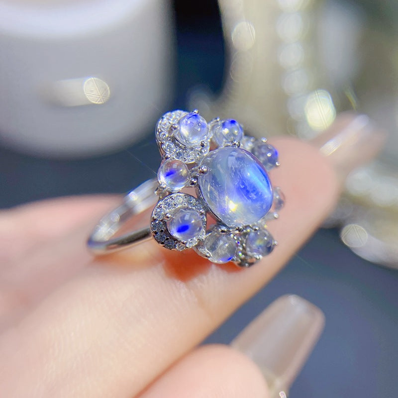 Moonstone Ring 925 Silver Inlaid with Natural Blue Moonstone Adjustable Women's Ring