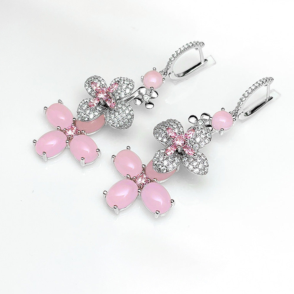 S925 Silver Inlaid 7*9mm Pink Diamond European and American Stud Earrings Sweet Style Geometric Earrings