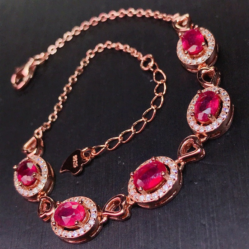 Ruby Bracelet with Extended Chain Adjustable 925 Silver Ruby