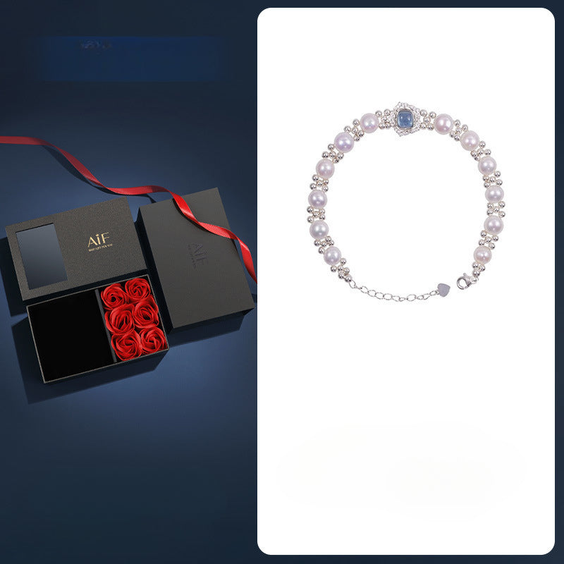 999 Sterling Silver Light Luxury Sea Blue Freshwater Pearl Bracelet