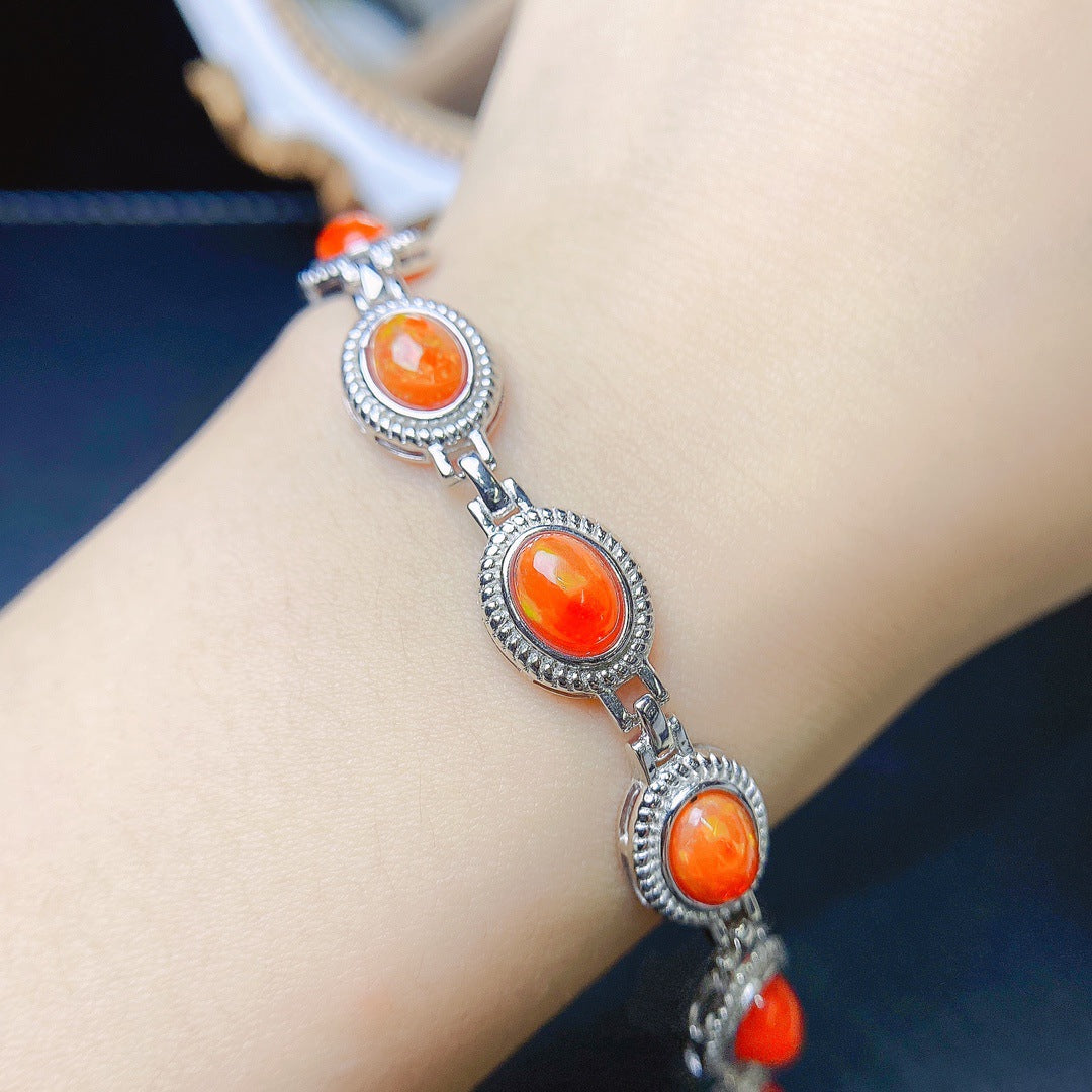 S925 Silver Inlaid Main Stone 6*8 Natural Fire Opal Bracelet