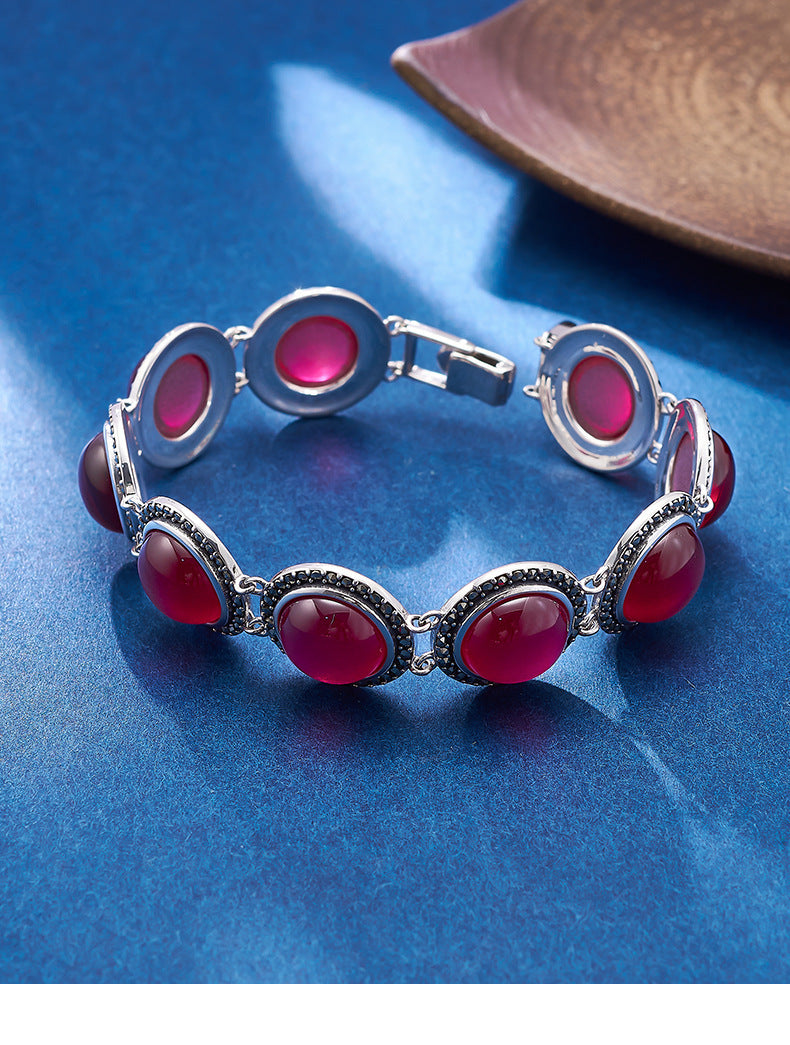 European and American Retro Mosaic Round Red Corundum Bracelet S925 Sterling Silver Inlaid Pink Crystal Cabochon Personalized Bracelet