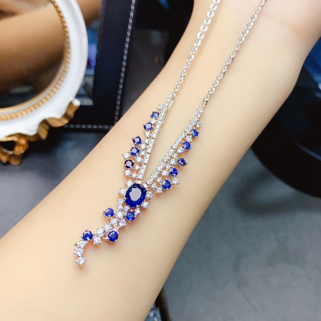 S925 Silver Inlaid Main Stone 4*6 Natural Sapphire Necklace