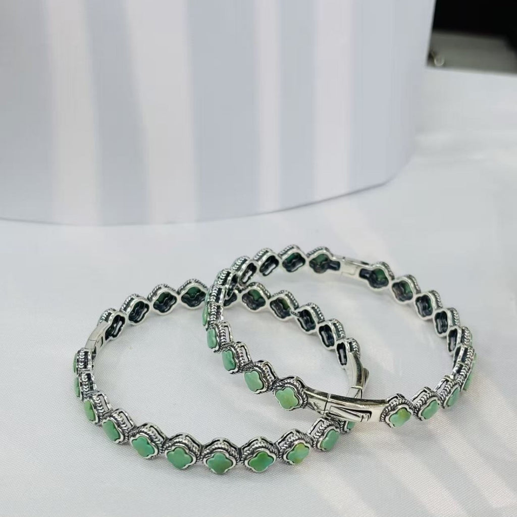 Natural Green Turquoise S925 Silver Inlaid Thick Silver Vintage Four-Leaf Clover Bracelet