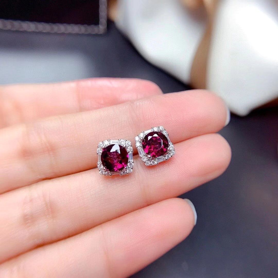 S925 Silver Inlaid Pendant Ring Earrings Natural Purple Tooth Black Garnet Set