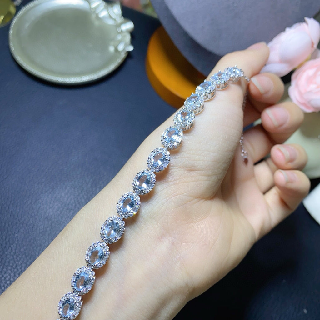925 Silver Fine Craft Setting Inlaid 4x6mm Exquisite Temperament Style Natural Aquamarine Bracelet