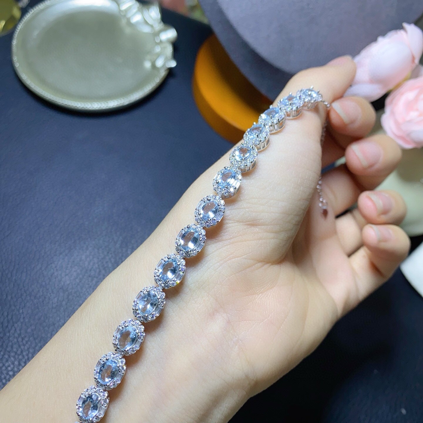 925 Silver Fine Craft Setting Inlaid 4x6mm Exquisite Temperament Style Natural Aquamarine Bracelet