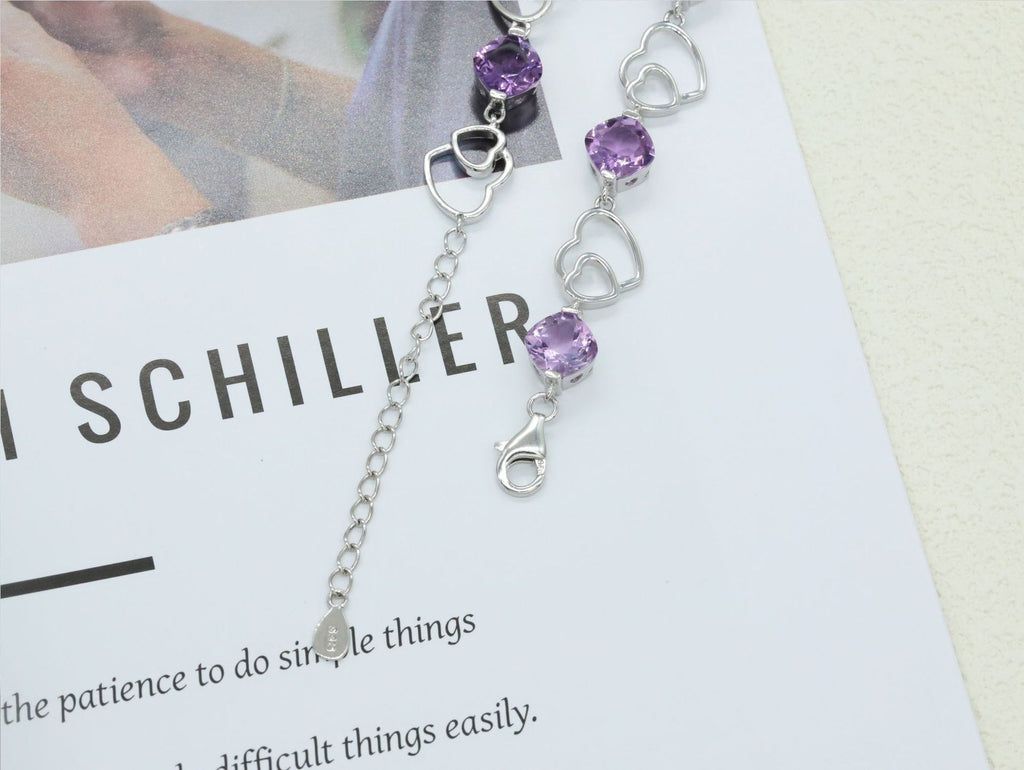 925 Sterling Silver Bracelet Love Double Heart Inlaid Amethyst Women's Bracelet