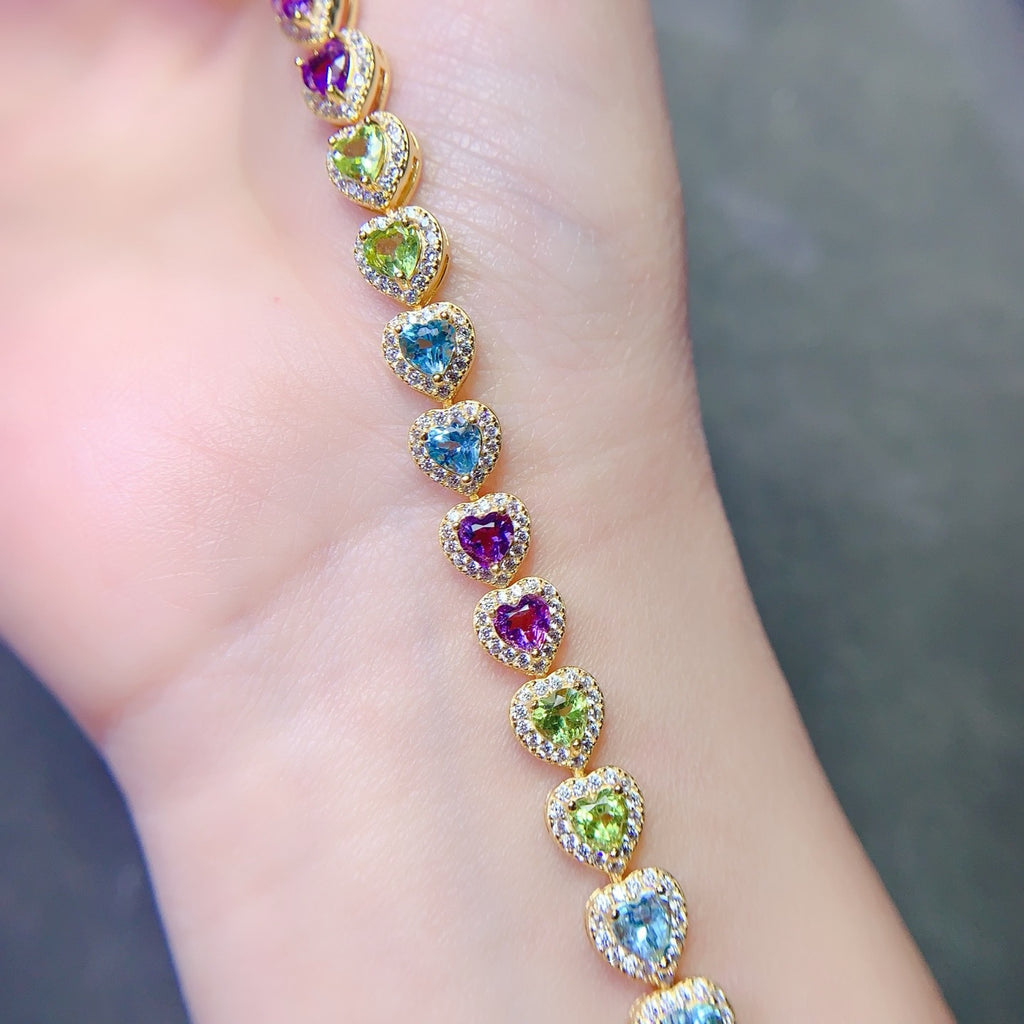 925 Silver Fine Craft Inlaid 4*4mm Natural Swiss Blue Topaz Olive Amethyst Bracelet