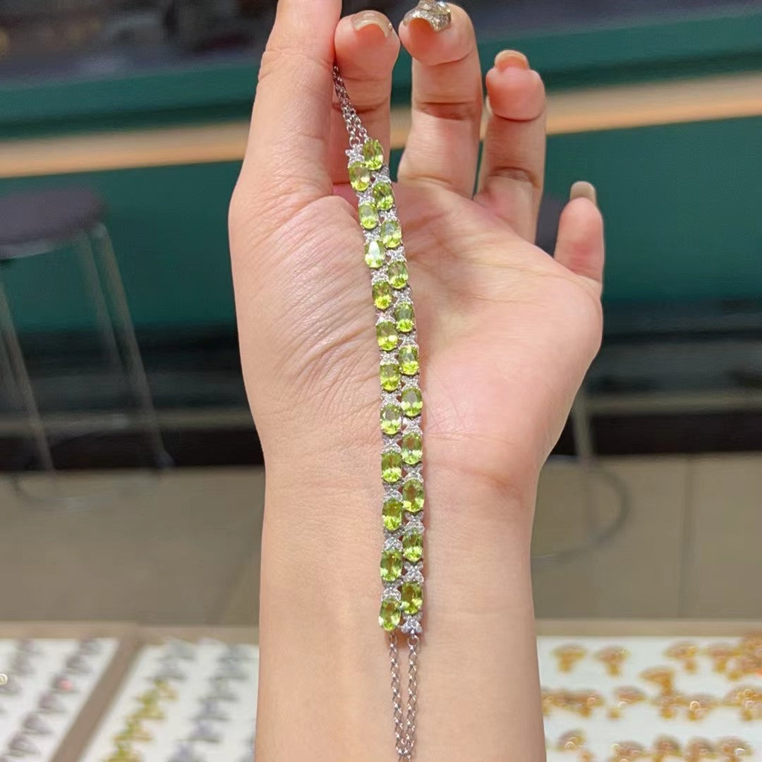 Fashion Luxurious Inlaid Diamond Design High-End Niche S925 Silver Inlaid Natural Gemstone Peridot Bracelet