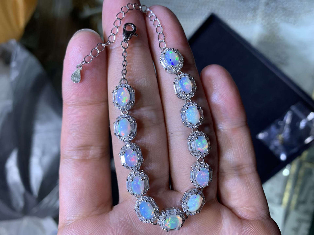 S925 Sterling Silver Inlaid Size 4*6mm Natural Opal Bracelet