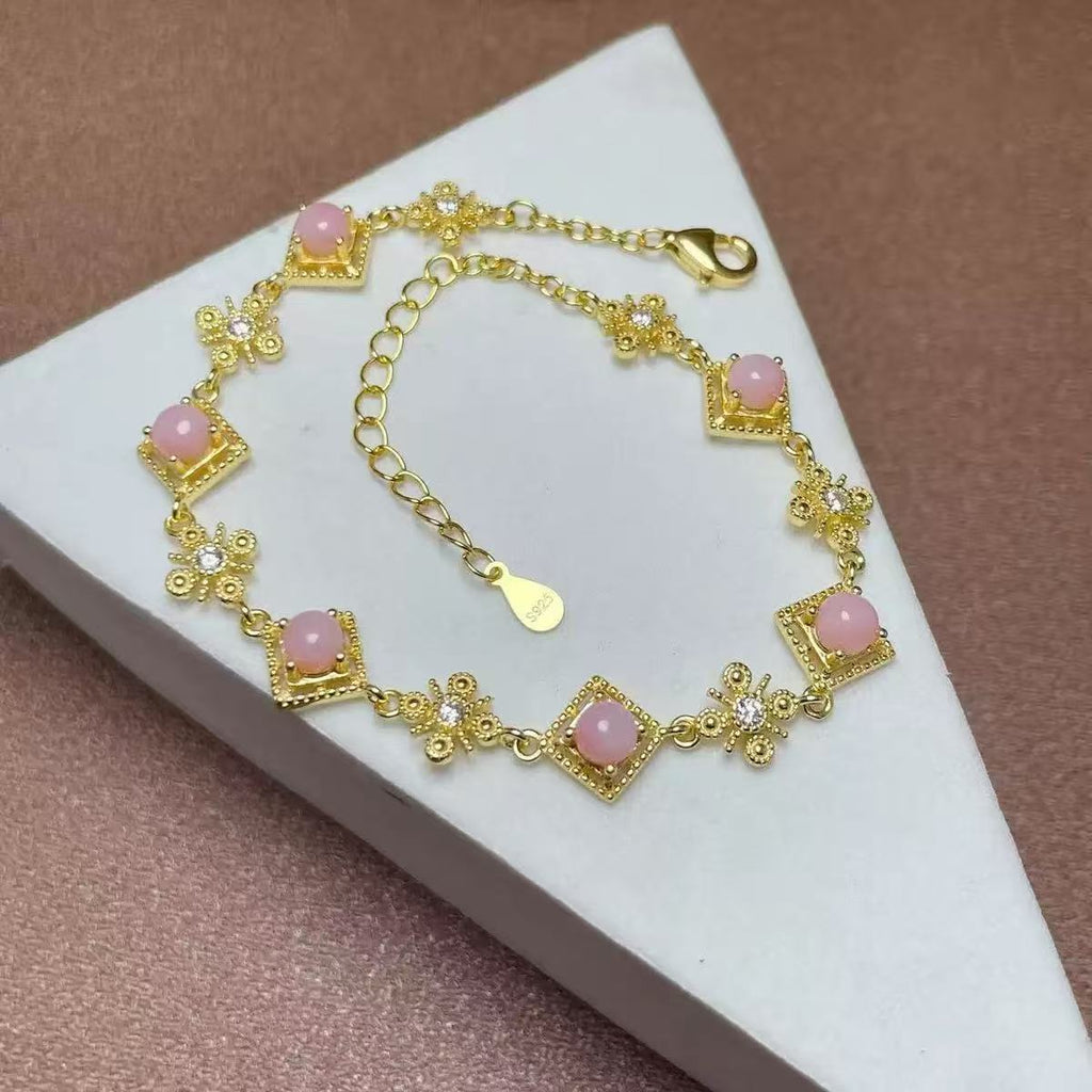 Vintage 925 Silver Inlaid with Emerald Tanzanite Pink Opal Natural Gemstone Multi-Gem Bracelet