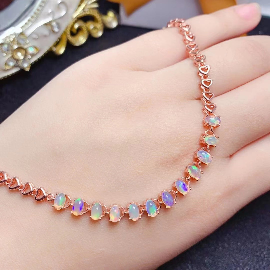Natural Opal Bracelet 925 Silver Fine Inlay Full Pure Body Simple Retro European and American Style Bracelet Gemstone Jewelry Bracelet