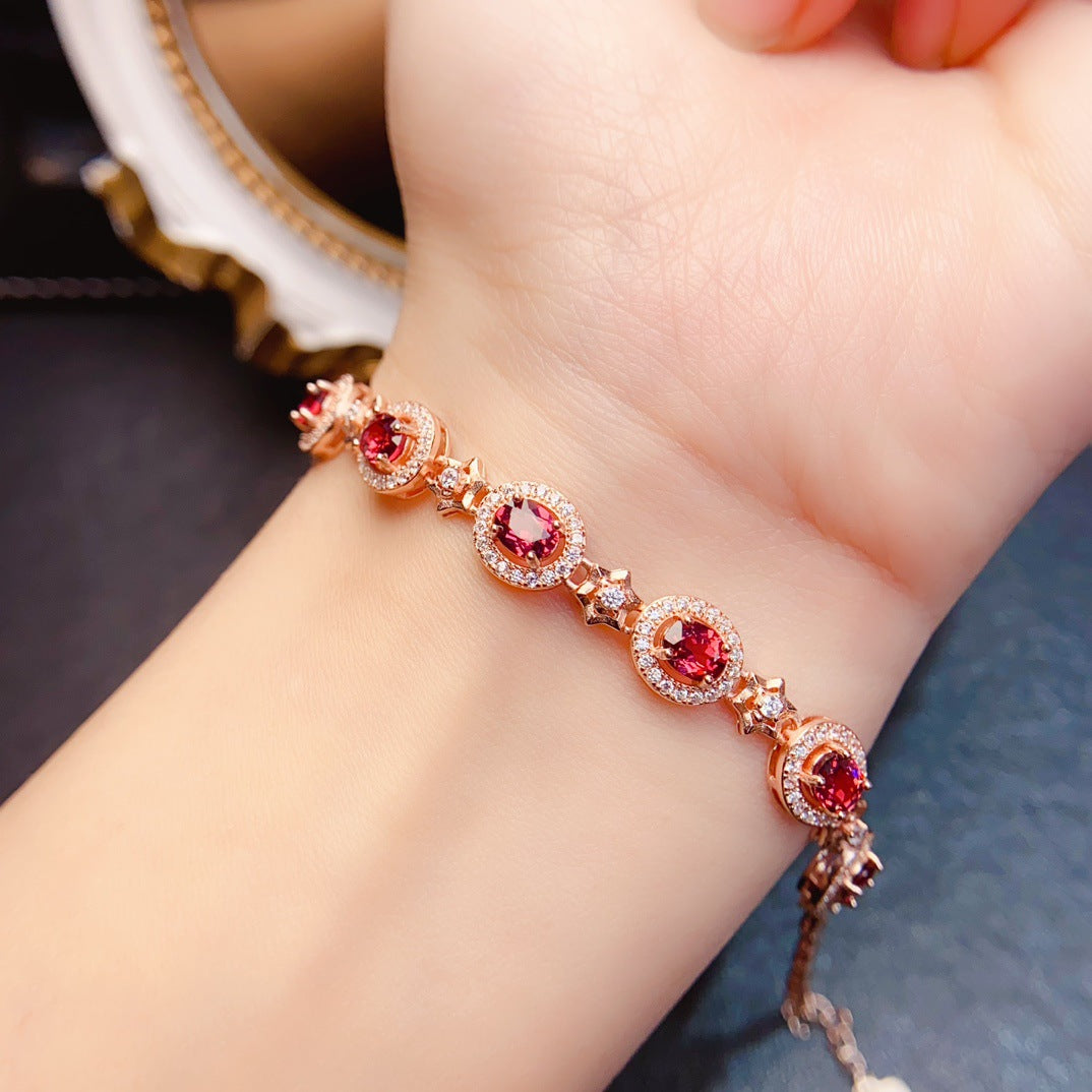 Natural Garnet Star and Gemstone Bracelet S925 Silver Inlaid with 4*5 Main Stone