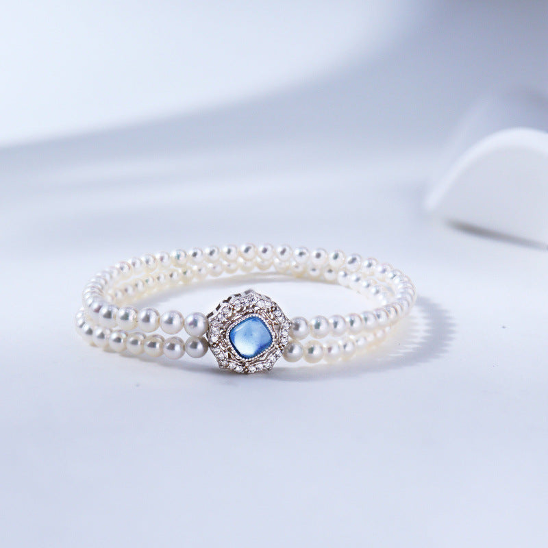 Pearl Double Layer Stacked Natural Freshwater Pearl Aquamarine Bracelet