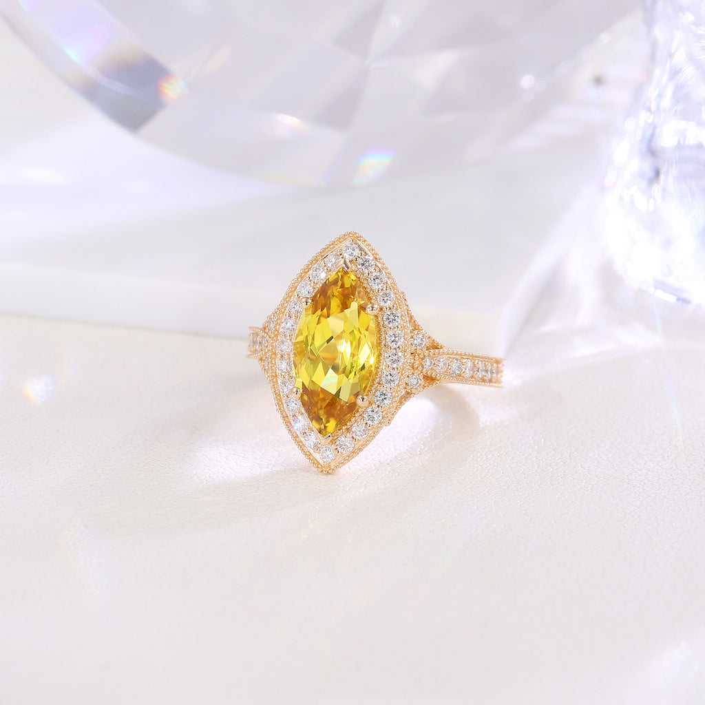 14K Gold 4ct Marquise Cultured Yellow Crystal Ring Light Luxury Vintage Gold Edge Inlaid Ring