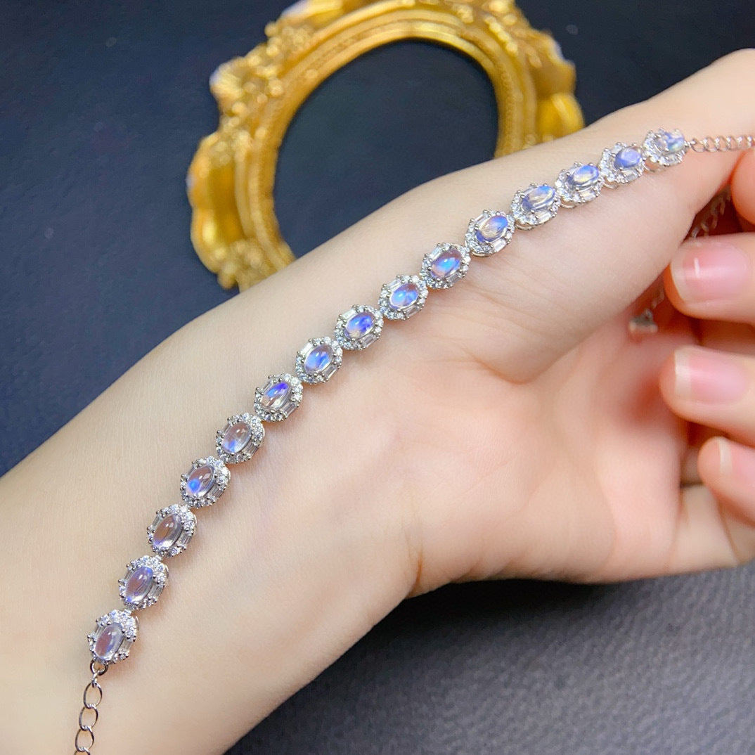 Natural Moonstone Bracelet Premium Blue Moonstone Glass Body Micro Cotton Particles Strong Blue Light 925 Silver Precision Craft 3*5