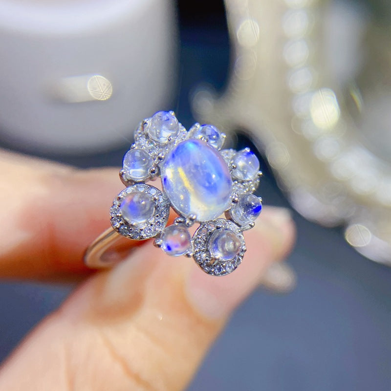 Moonstone Ring 925 Silver Inlaid with Natural Blue Moonstone Adjustable Women's Ring
