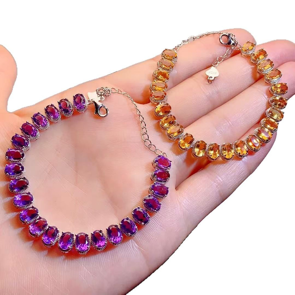 S925 Sterling Silver Simple Fashion Versatile Colorful Gemstone Amethyst Citrine Bracelet
